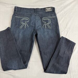 Rock Republic Berlin Jeans Woman’s 34x30 Dark Wash Rhinestones R Pockets Y2K